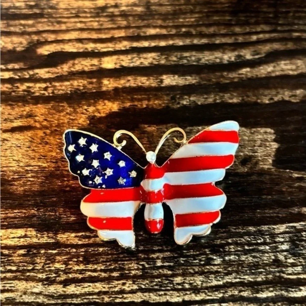 American Flag Butterfly Brooch in Red, White and Blue with Stars